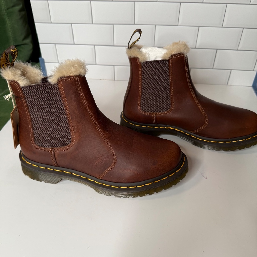 NWT Doc Martens Leonore Fur-Lined Chelsea Boots - Brown Leather